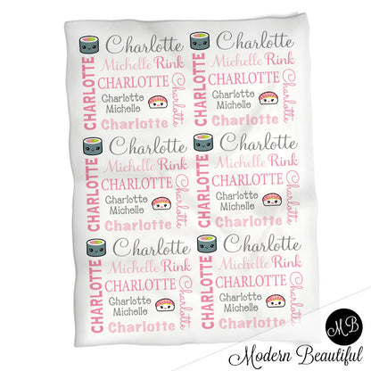 Kawaii sushi baby name blanket, pink and gray sushi swaddling blanket, baby girl kawaii blanket, sushi name blanket, sushi baby shower gift, (CHOOSE COLORS)