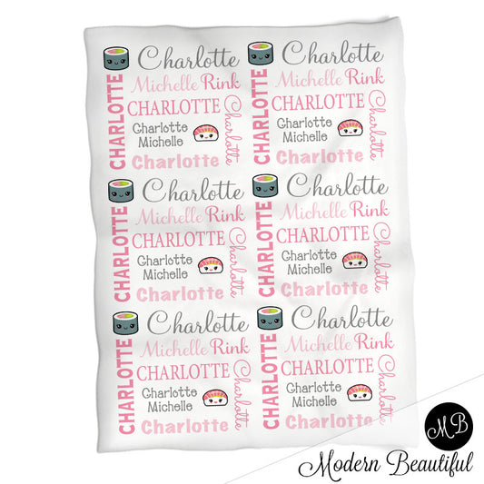Kawaii sushi baby name blanket, pink and gray sushi swaddling blanket, baby girl kawaii blanket, sushi name blanket, sushi baby shower gift, (CHOOSE COLORS)