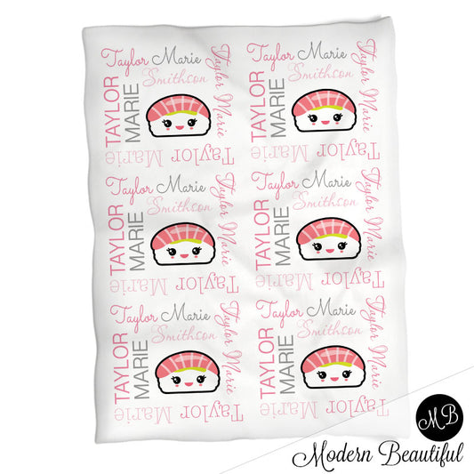 Pink and gray sushi baby name blanket, pink and gray sushi swaddling blankets, baby girl kawaii blanket, sushi name blanket, sushi baby shower gift, (CHOOSE COLORS)