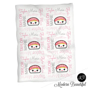Pink and gray sushi baby name blanket, pink and gray sushi swaddling blankets, baby girl kawaii blanket, sushi name blanket, sushi baby shower gift, (CHOOSE COLORS)