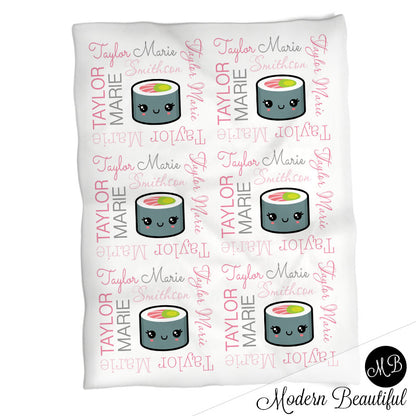 Girl pink and gray sushi roll baby name blanket, pink and gray sushi swaddling blankets, baby girl kawaii blanket, sushi name blanket, sushi baby shower gift, (CHOOSE COLORS)