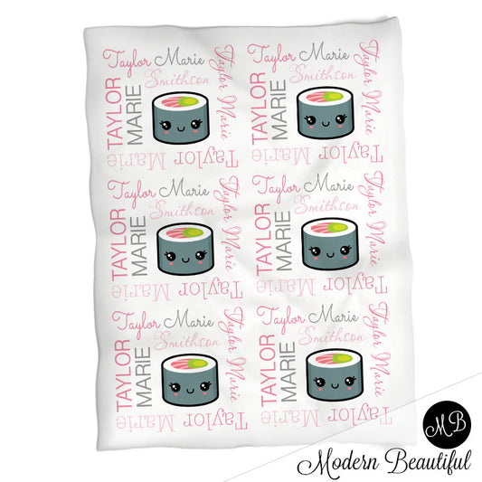 Girl pink and gray sushi roll baby name blanket, pink and gray sushi swaddling blankets, baby girl kawaii blanket, sushi name blanket, sushi baby shower gift, (CHOOSE COLORS)