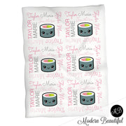 Girl pink and gray sushi roll baby name blanket, pink and gray sushi swaddling blankets, baby girl kawaii blanket, sushi name blanket, sushi baby shower gift, (CHOOSE COLORS)