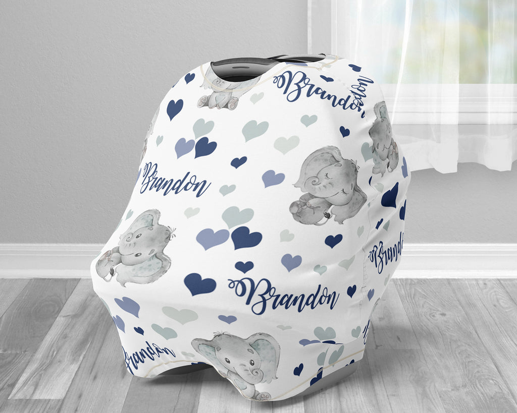 Baby boy elephant Personalized baby name carseat cover, infant car seat cover, navy, elephant car seat canopy cover, boy, nursing privacy