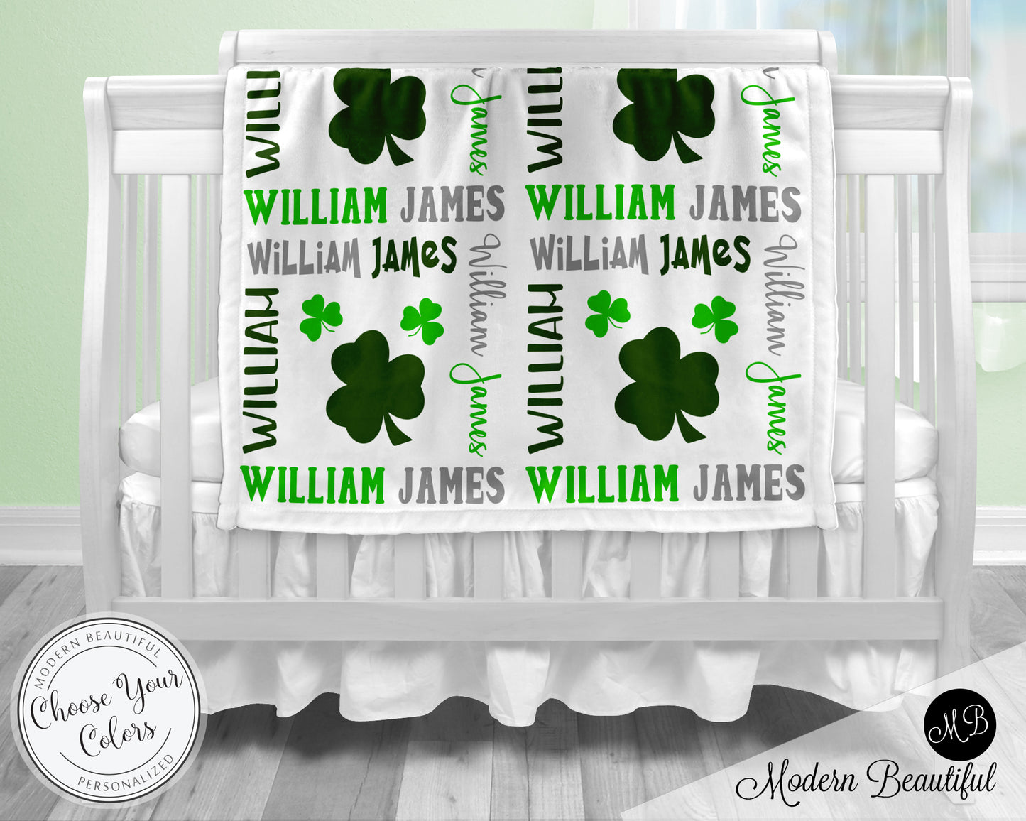 Shamrock clover baby name blanket, shamrock blanket, clover baby blanket, baby swaddling blankets, baby girl or boy, baby name blanket, baby shower gift, personalized baby name blanket(CHOOSE COLORS)