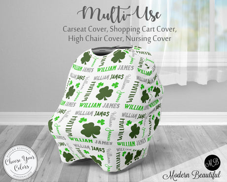 Shamrock baby boy or girl car seat canopy cover, clover baby gift, green and white, custom infant car seat cover, personalized baby name carseat cover, nursing privacy cover, shopping cart cover, high chair cover (CHOOSE COLORS)