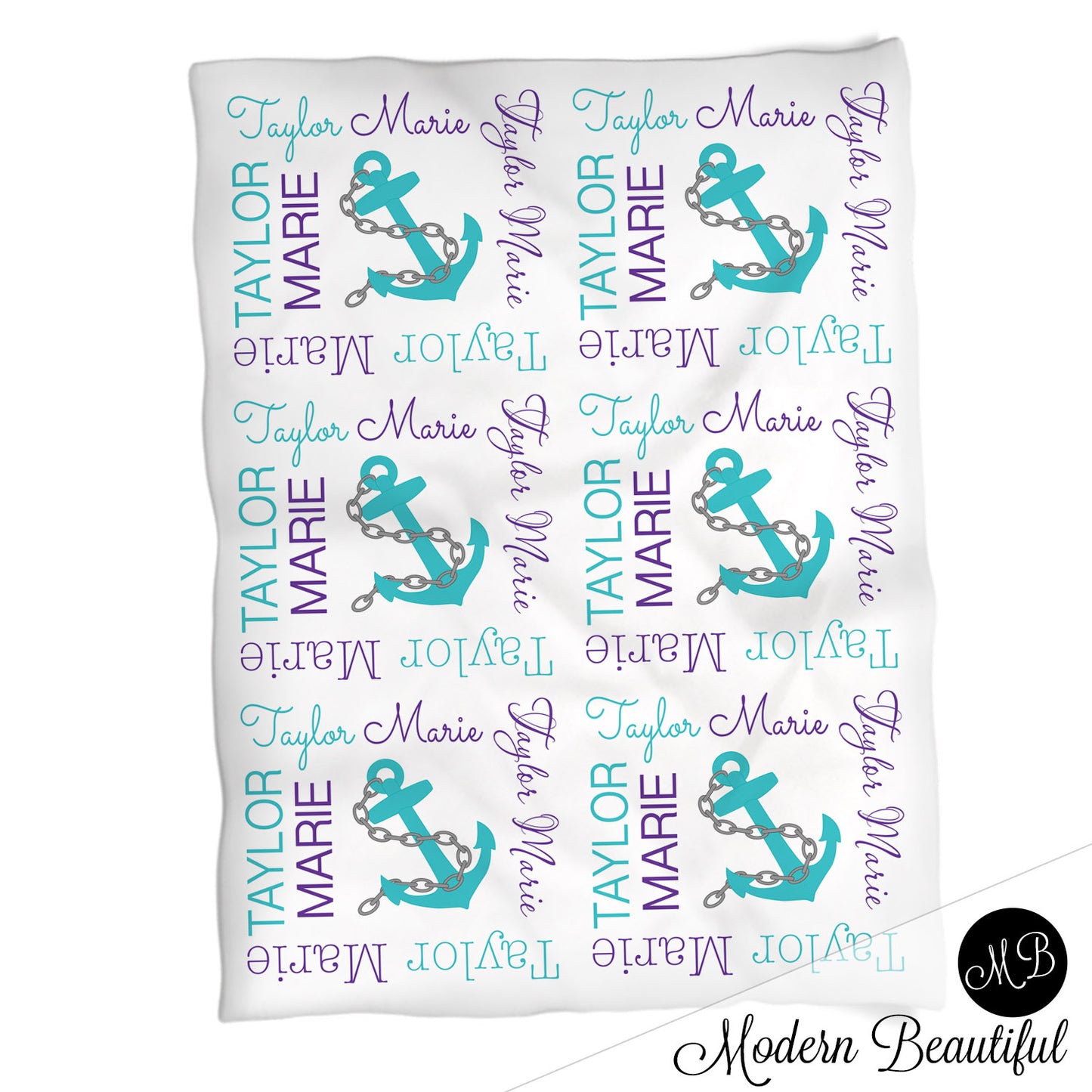 Nautical anchor name blanket in teal and purple, personalized girl anchor baby blanket, boy or girl name blanket, personalized name blanket, baby shower gift (CHOOSE COLORS)