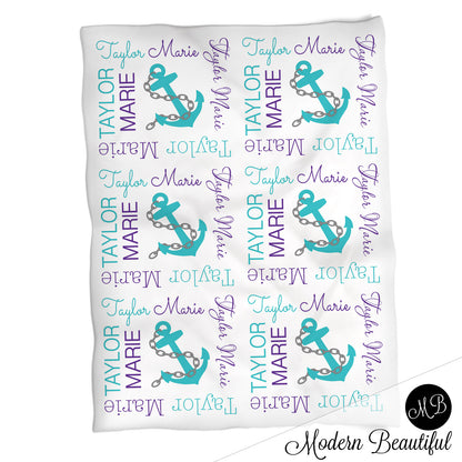 Nautical anchor name blanket in teal and purple, personalized girl anchor baby blanket, boy or girl name blanket, personalized name blanket, baby shower gift (CHOOSE COLORS)