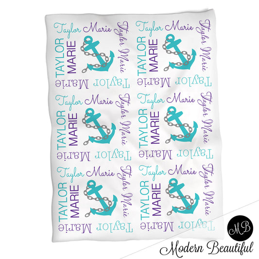 Nautical anchor name blanket in teal and purple, personalized girl anchor baby blanket, boy or girl name blanket, personalized name blanket, baby shower gift (CHOOSE COLORS)