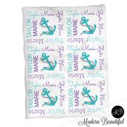 Nautical anchor name blanket in teal and purple, personalized girl anchor baby blanket, boy or girl name blanket, personalized name blanket, baby shower gift (CHOOSE COLORS)