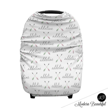 Boho arrow baby boy or girl car seat canopy cover, arrow baby gift, pink and mint, custom infant car seat cover, personalized baby name carseat cover, nursing privacy cover, shopping cart cover, high chair cover (CHOOSE COLORS)