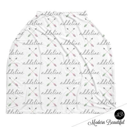 Boho arrow baby boy or girl car seat canopy cover, arrow baby gift, pink and mint, custom infant car seat cover, personalized baby name carseat cover, nursing privacy cover, shopping cart cover, high chair cover (CHOOSE COLORS)