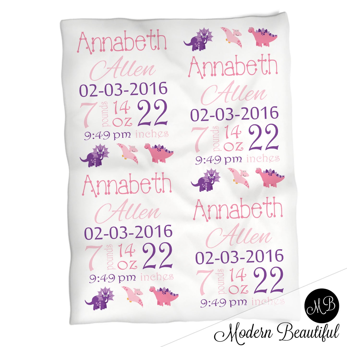 Dinosaur baby girl stats blanket, pink and purple, dinosaur girl baby blanket, personalized dinosaur baby blanket, baby stats blanket, boy or girl stats swaddle blanket, baby shower gift, choose colors