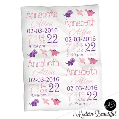 Dinosaur baby girl stats blanket, pink and purple, dinosaur girl baby blanket, personalized dinosaur baby blanket, baby stats blanket, boy or girl stats swaddle blanket, baby shower gift, choose colors