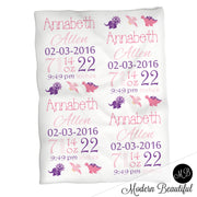 Dinosaur baby girl stats blanket, pink and purple, dinosaur girl baby blanket, personalized dinosaur baby blanket, baby stats blanket, boy or girl stats swaddle blanket, baby shower gift, choose colors