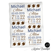 Football baby boy stats blanket, blue and brown, football boy baby blanket, personalized football baby blanket, baby stats blanket, boy or girl stats swaddle blanket, baby shower gift, choose colors
