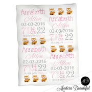 Fox baby girl stats blanket, pink and gray, fox girl baby blanket, personalized fox baby blanket, baby stats blanket, boy or girl stats swaddle blanket, baby shower gift, choose colors