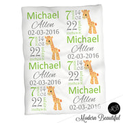 Giraffe baby boy stats blanket, green and gray, giraffe boy baby blanket, personalized giraffe baby blanket, baby stats blanket, boy or girl stats swaddle blanket, baby shower gift, choose colors