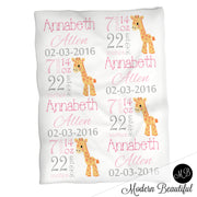 Giraffe baby girl stats blanket, pink and gray, giraffe girl baby blanket, personalized giraffe baby blanket, baby stats blanket, boy or girl stats swaddle blanket, baby shower gift, choose colors