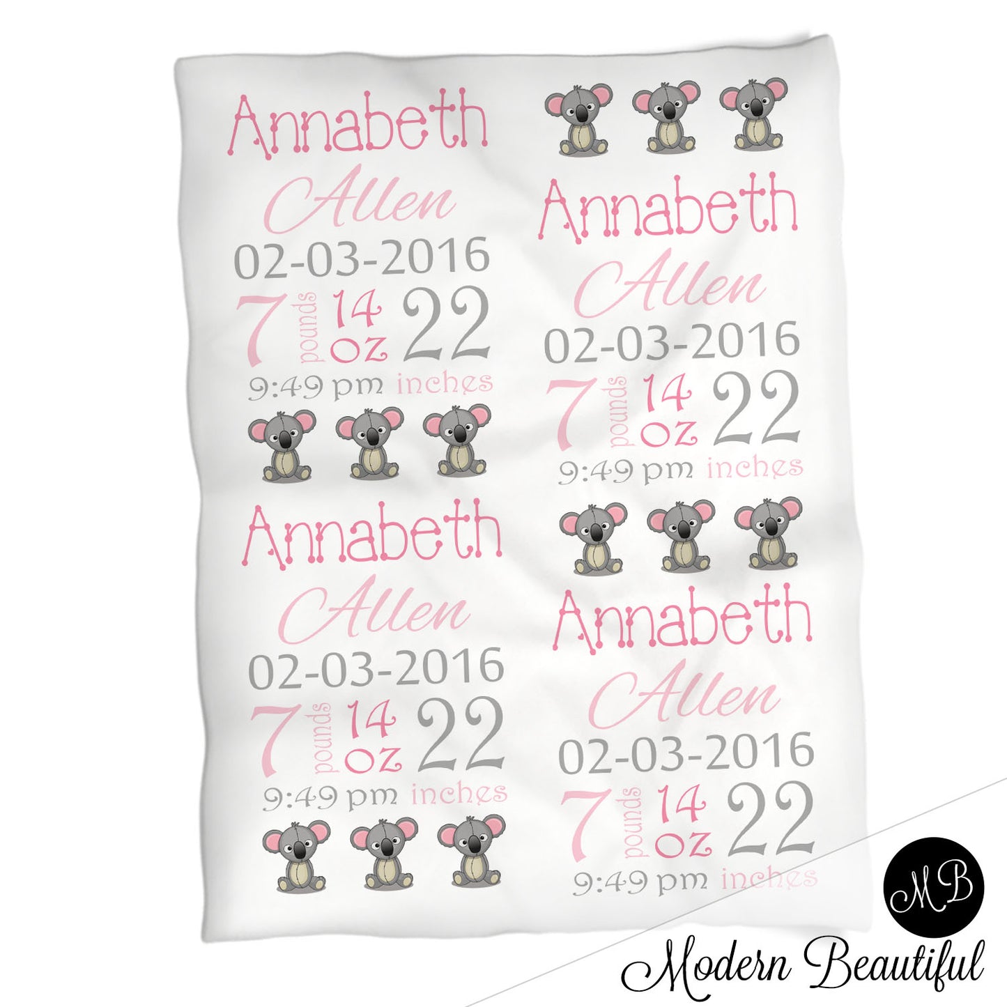 Koala bear baby girl stats blanket, pink and gray, koala girl baby blanket, personalized koala bear baby blanket, baby stats blanket, boy or girl stats swaddle blanket, baby shower gift, choose colors