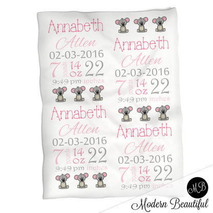 Koala bear baby girl stats blanket, pink and gray, koala girl baby blanket, personalized koala bear baby blanket, baby stats blanket, boy or girl stats swaddle blanket, baby shower gift, choose colors