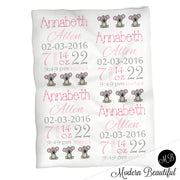 Koala bear baby girl stats blanket, pink and gray, koala girl baby blanket, personalized koala bear baby blanket, baby stats blanket, boy or girl stats swaddle blanket, baby shower gift, choose colors
