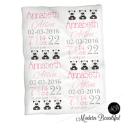 Panda bear baby girl stats blanket, pink and gray, panda girl baby blanket, personalized panda bear baby blanket, baby stats blanket, boy or girl stats swaddle blanket, baby shower gift, choose colors