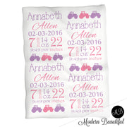 Tractor baby girl stats blanket, pink and purple, farm tractor girl baby blanket, personalized tractor baby blanket, baby stats blanket, boy or girl stats swaddle blanket, baby shower gift, choose colors