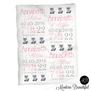 Wolf baby girl stats blanket, pink and gray, wolf girl baby blanket, personalized wolf baby blanket, baby stats blanket, boy or girl stats swaddle blanket, baby shower gift, choose colors