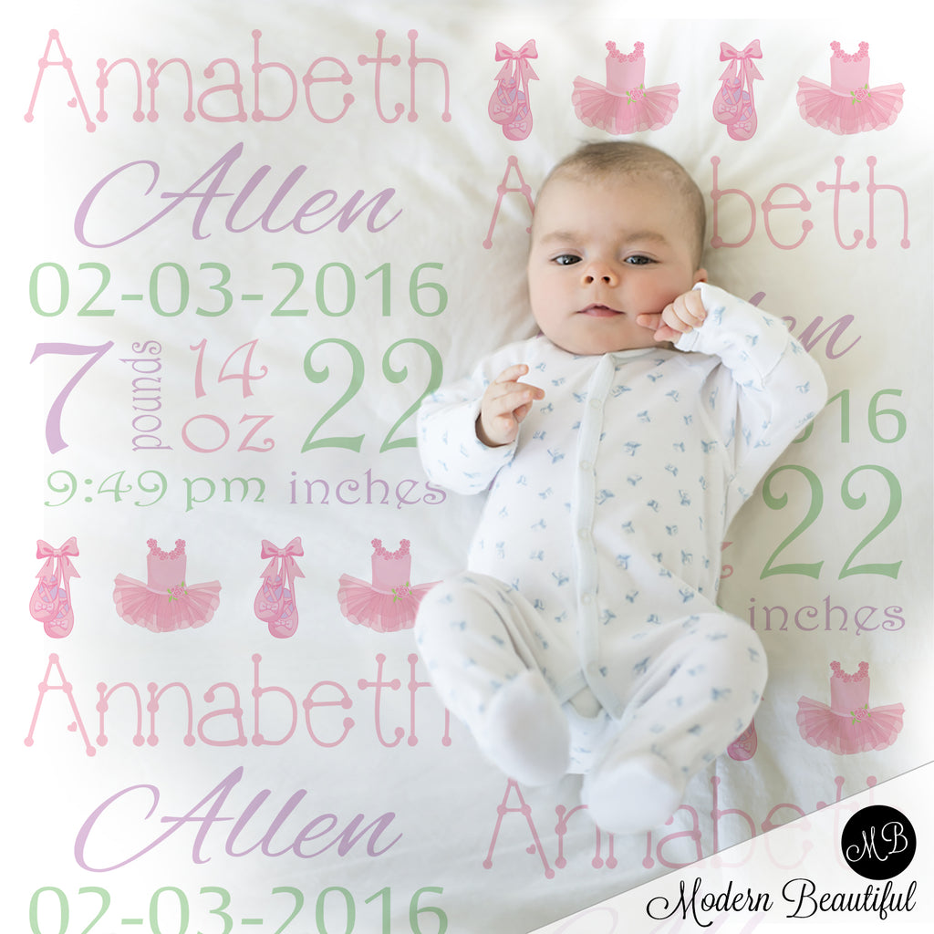 Tutu ballet baby girl stats blanket, pink and mint blanket, girl personalized ballerina baby blanket, baby stats blanket, tutu girl baby blanket, stats swaddle blanket, girl baby shower gift, choose colors