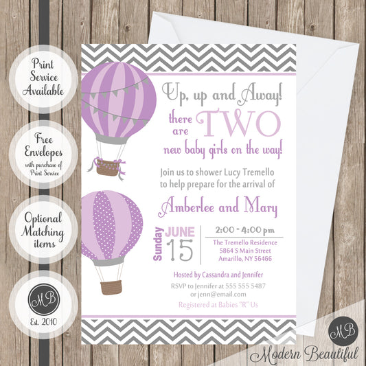twin hot air balloon baby shower invitation