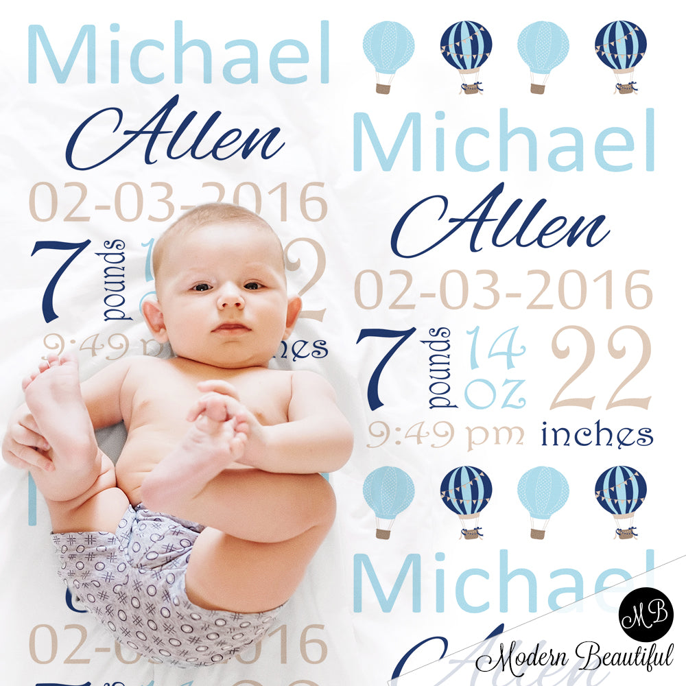 Hot air balloon baby boy stats blanket, blue and tan, hot air balloon boy baby blanket, personalized balloon baby blanket, baby stats blanket, boy or girl stats swaddle blanket, baby shower gift, choose colors