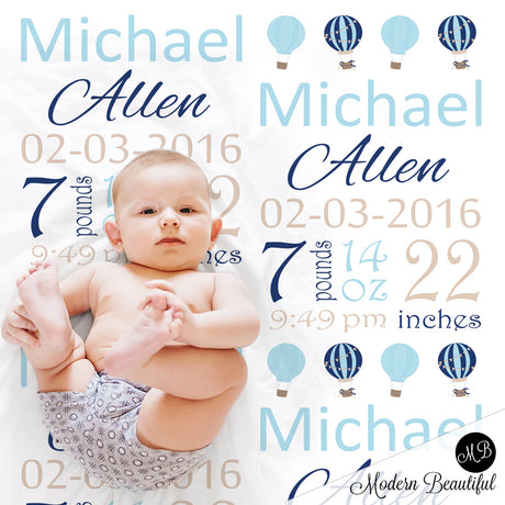 Hot air balloon baby boy stats blanket, blue and tan, hot air balloon boy baby blanket, personalized balloon baby blanket, baby stats blanket, boy or girl stats swaddle blanket, baby shower gift, choose colors