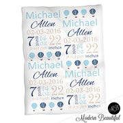 Hot air balloon baby boy stats blanket, blue and tan, hot air balloon boy baby blanket, personalized balloon baby blanket, baby stats blanket, boy or girl stats swaddle blanket, baby shower gift, choose colors