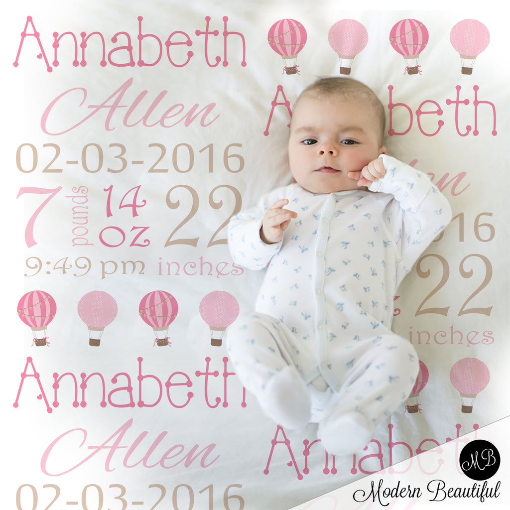 Hot air balloon baby girl stats blanket, pink blanket, girl personalized balloon baby blanket, baby stats blanket, hot air balloon girl baby blanket, boy or girl stats swaddle blanket, girl baby shower gift, choose colors