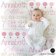 Hot air balloon baby girl stats blanket, pink blanket, girl personalized balloon baby blanket, baby stats blanket, hot air balloon girl baby blanket, boy or girl stats swaddle blanket, girl baby shower gift, choose colors