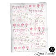 Hot air balloon baby girl stats blanket, pink blanket, girl personalized balloon baby blanket, baby stats blanket, hot air balloon girl baby blanket, boy or girl stats swaddle blanket, girl baby shower gift, choose colors
