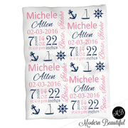 Nautical baby girl  stats blanket, blue and pink, anchor girl baby blanket, personalized nautical baby blanket, baby stats blanket, boy or girl stats swaddle blanket, baby shower gift, choose colors