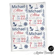 Nautical baby boy stats blanket, blue and red, anchor boy baby blanket, personalized nautical baby blanket, baby stats blanket, boy or girl stats swaddle blanket, baby shower gift, choose colors