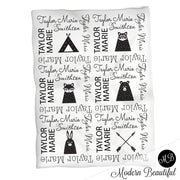Baby girl teepee and animals black and white name blanket, teepee swaddling blanket, baby girl Scandinavian style blanket, girl baby shower gift, choose colors