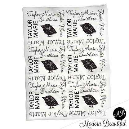 name blanket, bird swaddling blanket, baby girl Scandinavian style blanket, girl baby shower gift, choose colors
