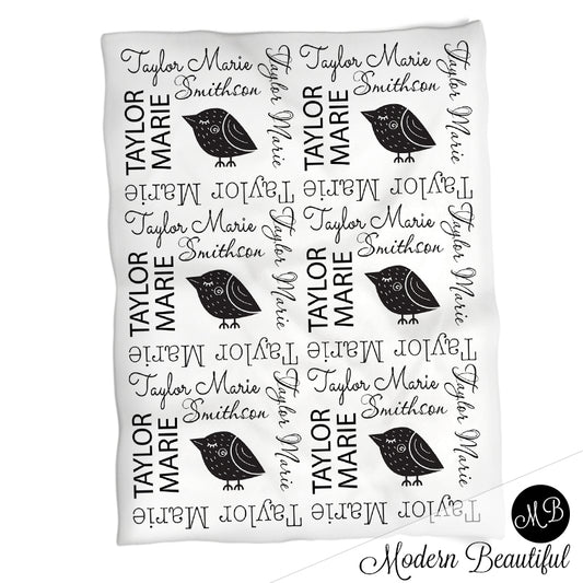 name blanket, bird swaddling blanket, baby girl Scandinavian style blanket, girl baby shower gift, choose colors