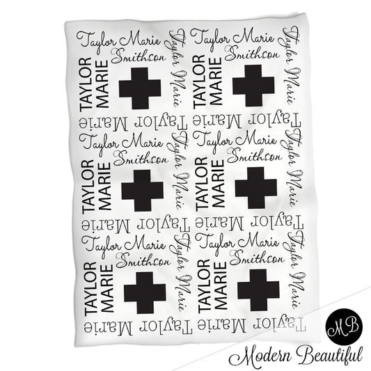 Baby girl black and white name blanket, plus cross swaddling blanket, baby girl Scandinavian style blanket, girl baby shower gift, choose colors