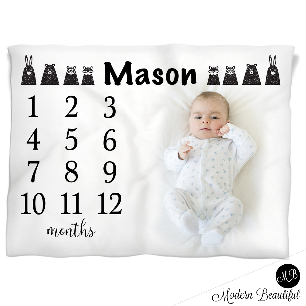 Black and white woodland animals monthly milestone blanket, personalized growth baby gift, personalized photo prop blanket - choose your colors