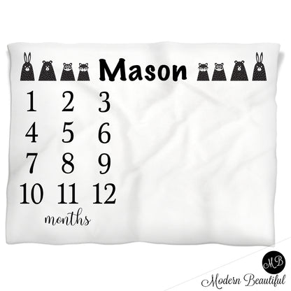 Black and white woodland animals monthly milestone blanket, personalized growth baby gift, personalized photo prop blanket - choose your colors