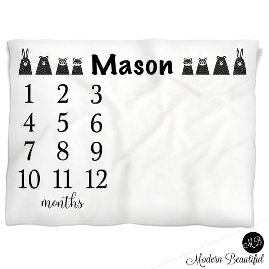Black and white woodland animals monthly milestone blanket, personalized growth baby gift, personalized photo prop blanket - choose your colors