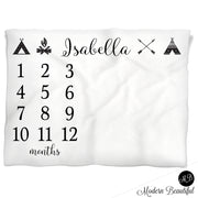 Black and white teepee, arrow, fire baby name blanket, boho baby blanket, girl personalized growth baby gift, personalized photo prop blanket - choose your colors