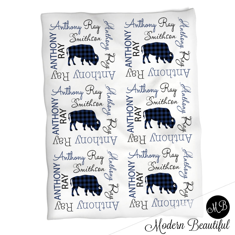 Buffalo baby name blanket, navy and black, buffalo baby blanket, baby swaddling blankets, baby girl or boy, baby name blanket, baby shower gift, (CHOOSE COLORS)