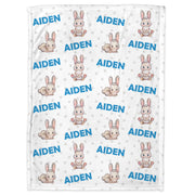 Easter baby boy bunny blanket, blue and gray baby gift with rabbits, personalized baby name blanket