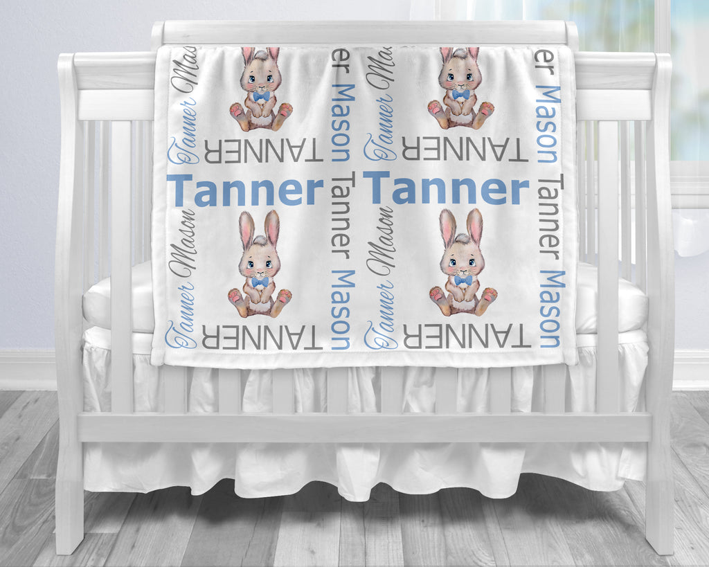 Baby boy bunny blanket, Easter baby gift with rabbits, personalized baby name blanket